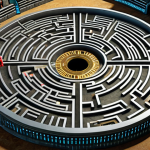 ** A complex digital labyrinth with keys (passwords) scattered throughout. A strong shield protects a central fortress, representing robust cybersecurity.

**