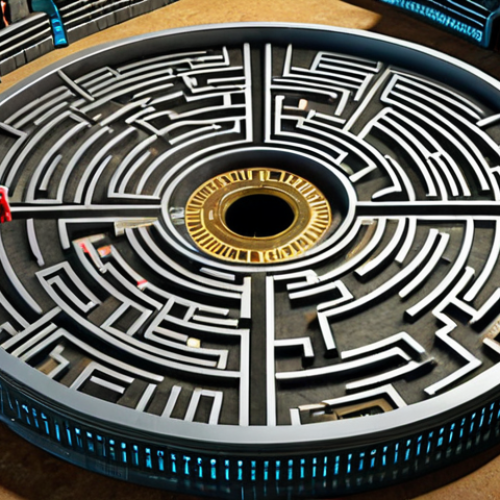 Home 15 ** A complex digital labyrinth with keys (passwords) scattered throughout. A strong shield protects a central fortress, representing robust cybersecurity.
**