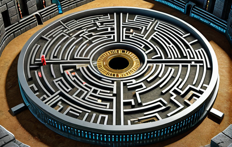 ** A complex digital labyrinth with keys (passwords) scattered throughout. A strong shield protects a central fortress, representing robust cybersecurity.

**