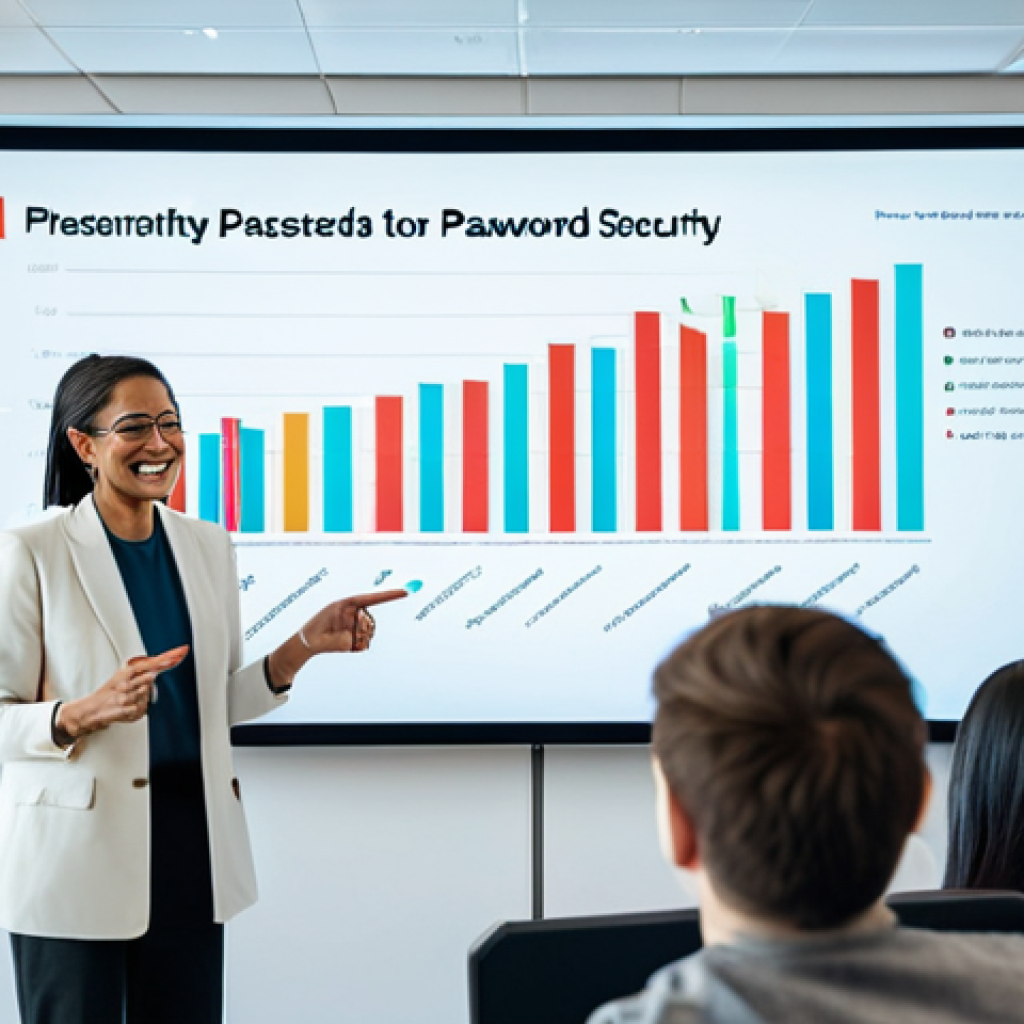 **
A cybersecurity expert, possibly female, is giving a presentation on password security to a diverse group of people. The setting is a brightly lit conference room with a projector screen displaying a graph showing the increasing importance of strong passwords. She is pointing to the screen and smiling encouragingly. The audience looks engaged and attentive. Include elements of encryption and digital security as visual metaphors. Modern, clean design.
**