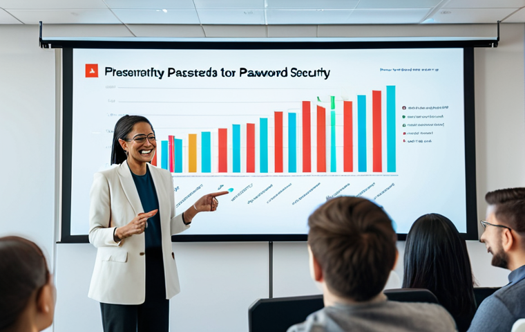 **
A cybersecurity expert, possibly female, is giving a presentation on password security to a diverse group of people. The setting is a brightly lit conference room with a projector screen displaying a graph showing the increasing importance of strong passwords. She is pointing to the screen and smiling encouragingly. The audience looks engaged and attentive. Include elements of encryption and digital security as visual metaphors. Modern, clean design.
**