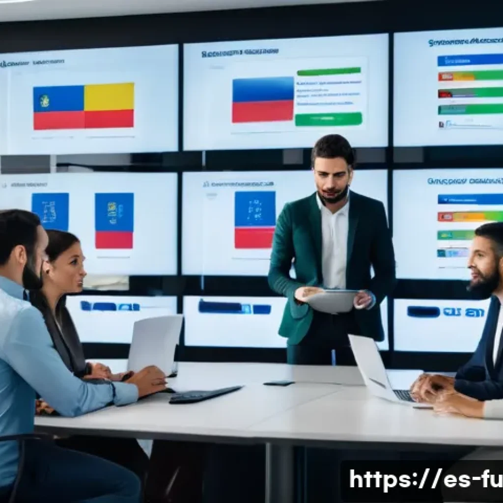패스워드 관리 시스템 도입 후 성과 평가 - A modern office scene showing a diverse team of Spanish-speaking professionals collaborating around ...