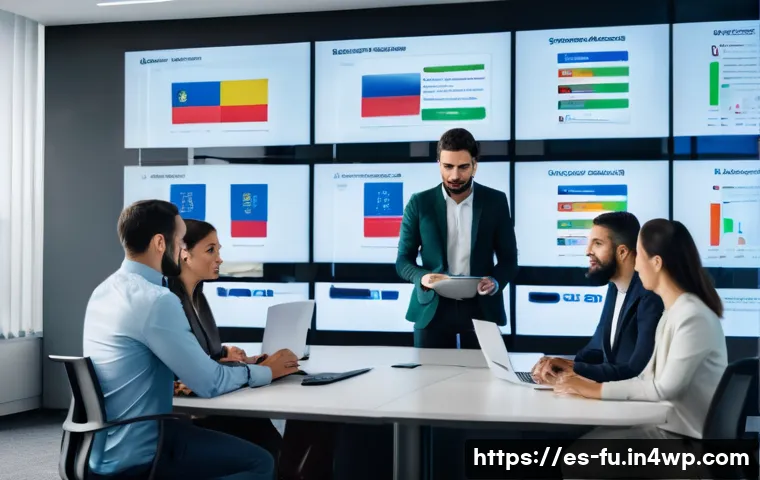 패스워드 관리 시스템 도입 후 성과 평가 - A modern office scene showing a diverse team of Spanish-speaking professionals collaborating around ...