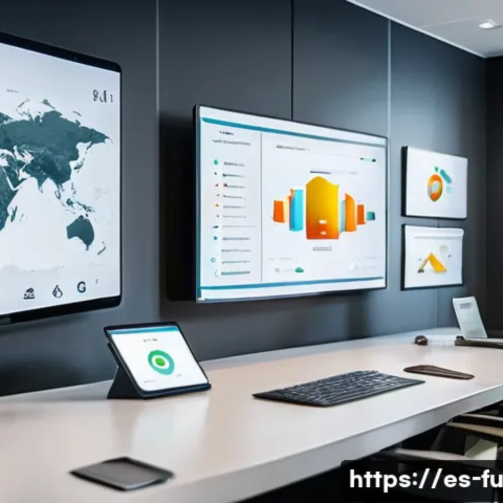 패스워드 관리 시스템의 시장 경쟁력 강화 - A modern office environment with diverse Spanish professionals collaborating around a large digital ...