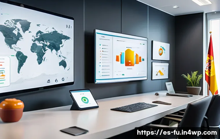 패스워드 관리 시스템의 시장 경쟁력 강화 - A modern office environment with diverse Spanish professionals collaborating around a large digital ...