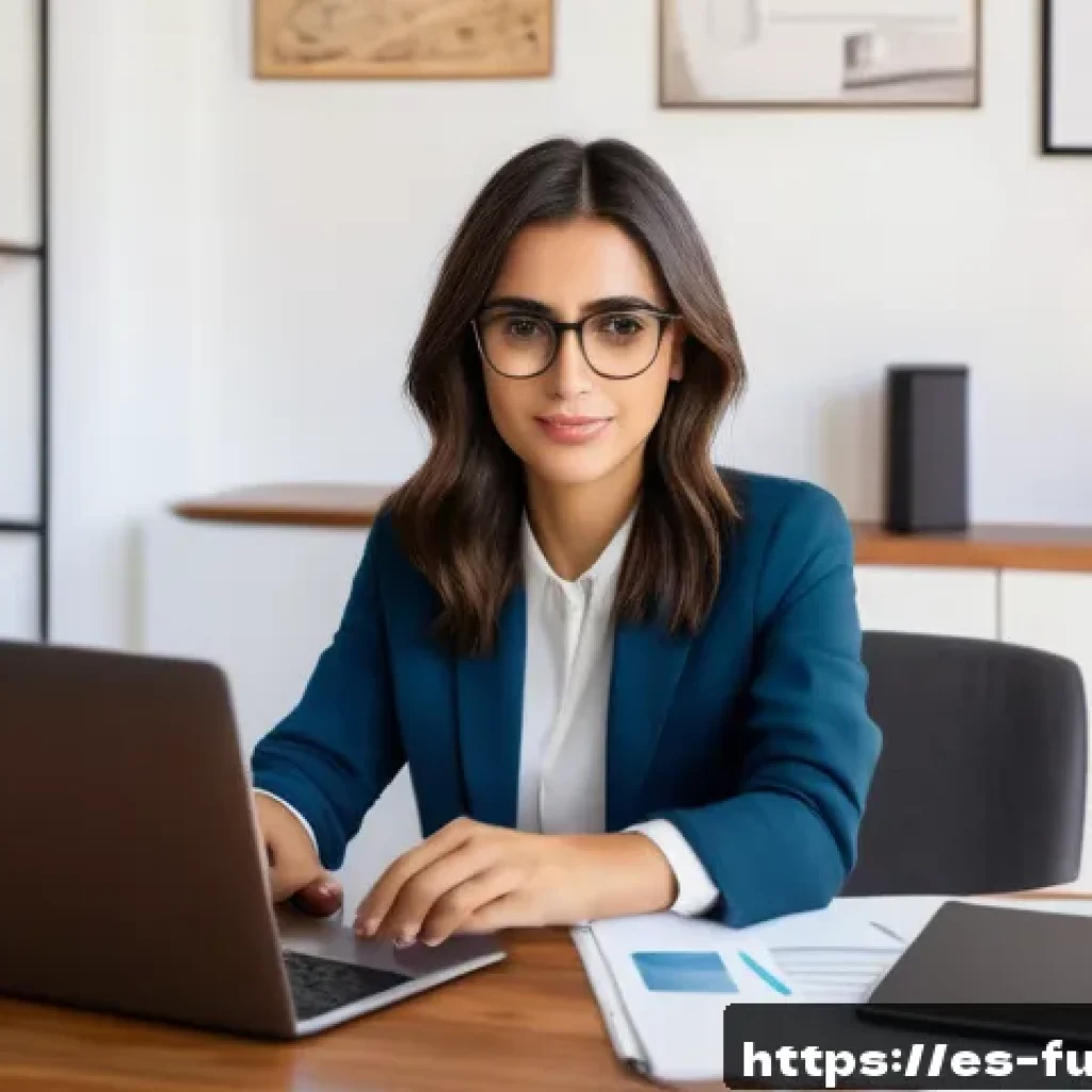 비밀번호 변경 시 발생할 수 있는 문제 해결 - A modern Spanish home office scene showing a young professional woman with medium-length dark hair, ...