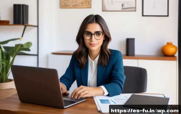 비밀번호 변경 시 발생할 수 있는 문제 해결 - A modern Spanish home office scene showing a young professional woman with medium-length dark hair, ...