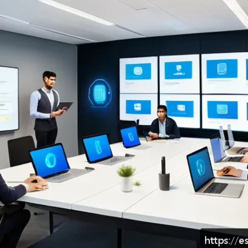 Home 30 패스워드 관리 시스템과 기업의 정보 보안 전략 - A modern corporate office environment showcasing a diverse team of professionals engaged in a cybers...