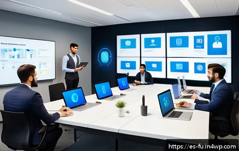 패스워드 관리 시스템과 기업의 정보 보안 전략 - A modern corporate office environment showcasing a diverse team of professionals engaged in a cybers...