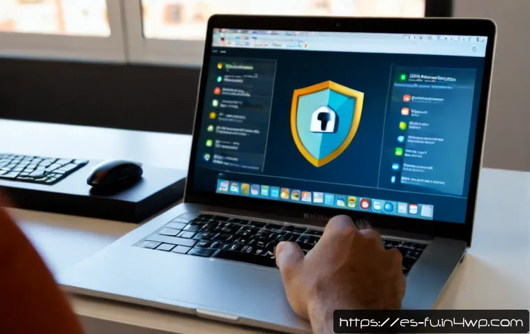 Home 17 비밀번호 관리 시스템의 보안 프로토콜 - Photorealistic cybersecurity workspace in a modern Madrid office, a Spanish professional using a lap...